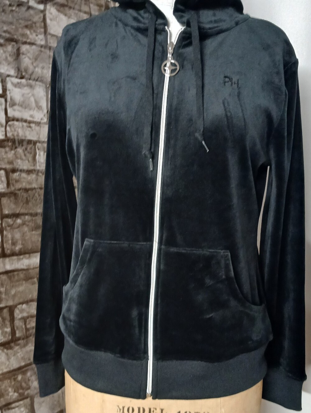 Paris Hilton Velvet Zip-Up Hoodie Jacket in Black